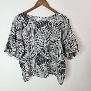 Garnet Hill Women's Puff Sleeve Linen Pullover Blouse Top Boxy Boat Neck Size L